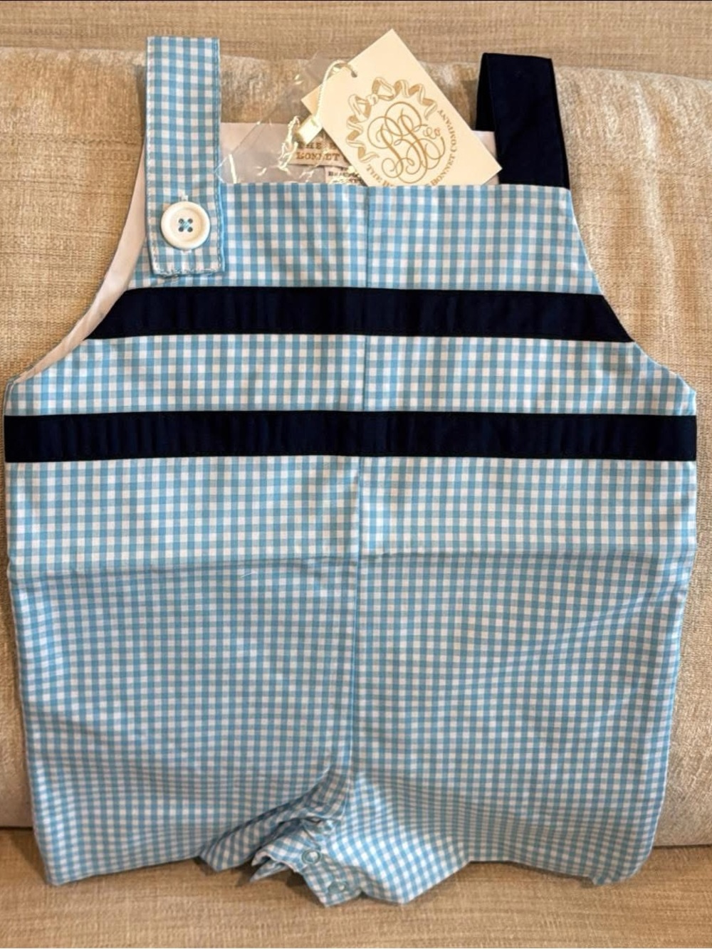 The Beaufort Bonnet Company Light Blue Gingham Romper with Navy Trim